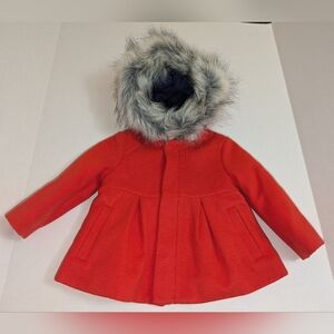 Cat & Jack Girls Red Winter Pea coat with faux fur hood. EUC Size 12M